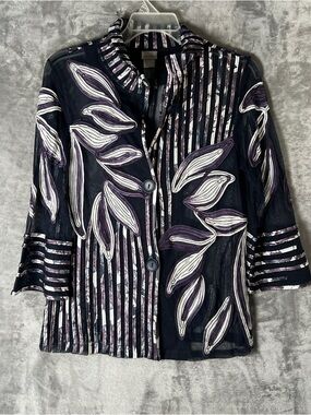 Black Sheer Floral Embroidered Button Jacket